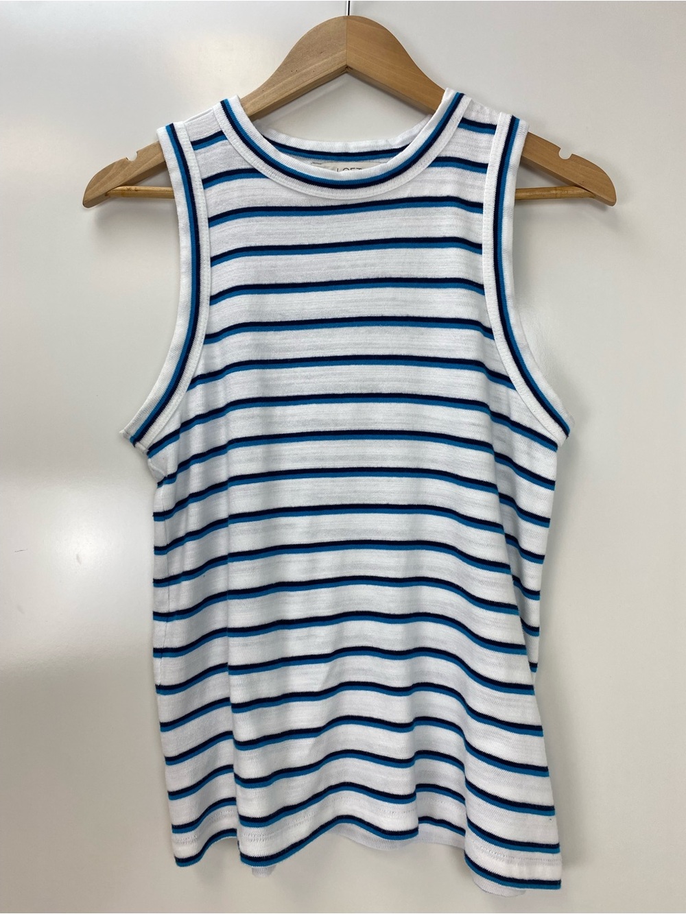 LOFT White Tank Top with Navy and Blue Stripes